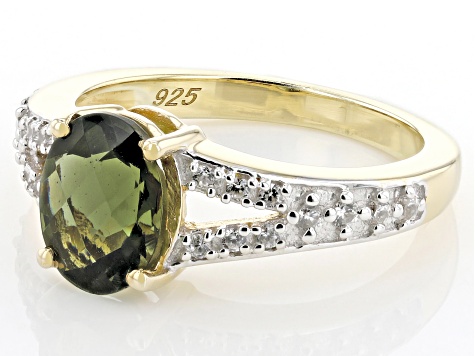 Moldavite With White Zircon 18k Yellow Gold Over Sterling Silver Ring 1.62ctw