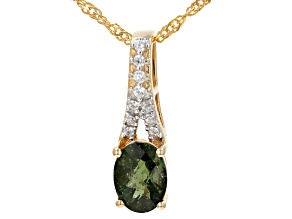 Moldavite With White Zircon 18k Yellow Gold Over Sterling Silver Pendant With Chain 1.04ctw