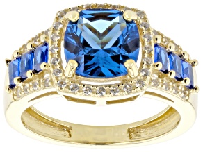 Blue Lab Created Spinel With Lab White Sapphire 18k Yellow Gold Over Sterling Silver Ring 2.59ctw