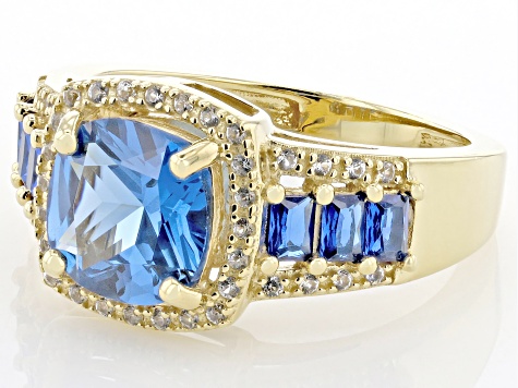 Blue Lab Created Spinel With Lab White Sapphire 18k Yellow Gold Over Sterling Silver Ring 2.59ctw