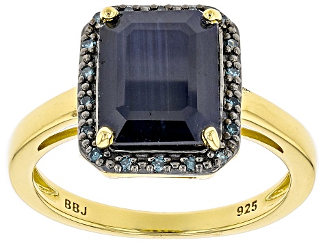 Blue Sapphire With Blue Diamond 18k Yellow Gold Over Sterling Silver Ring 2.31ctw