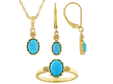 Sleeping Beauty Turquoise With White Diamond 18k Yellow Gold Over Sterling Silver Jewelry Set