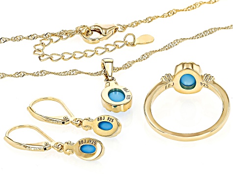 Sleeping Beauty Turquoise With White Diamond 18k Yellow Gold Over Sterling Silver Jewelry Set