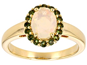 Ethiopian Opal With Green Tourmaline 18k Yellow Gold Over Sterling Silver Ring 0.72ctw