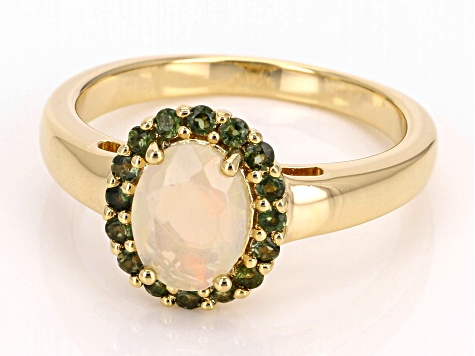 Ethiopian Opal With Green Tourmaline 18k Yellow Gold Over Sterling Silver Ring 0.72ctw