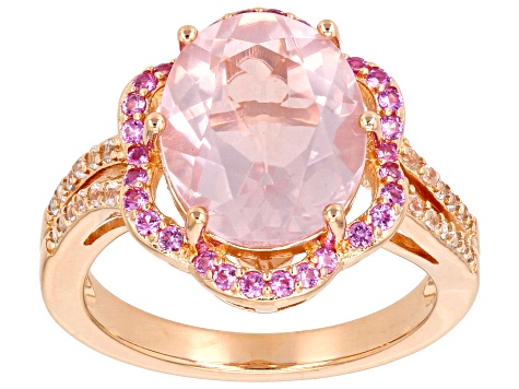 Rose Quartz with Pink and White Lab Sapphire 18k Rose Gold over Sterling Silver Ring 3.97ctw