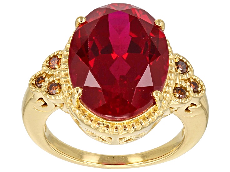 Lab Created Ruby with Red Diamond 18k Yellow Gold over Sterling Silver Ring  10.90ctw