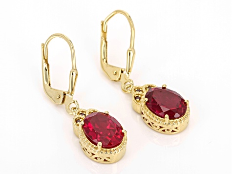 Lab Created Ruby with Red Diamonds 18k Yellow Gold Over Sterling Silver Earrings 4.04ctw