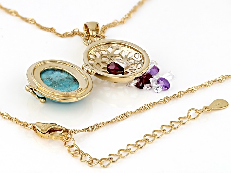 Turquoise, Cultured Freshwater Pearl, Multi Gems 18k Yellow Gold Over Silver Pendant/Chain 2.00ctw