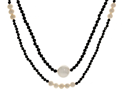 Black Spinel with Cultured Freshwater Pearl 18k Yellow Gold Over Sterling Silver Necklace Set of 2