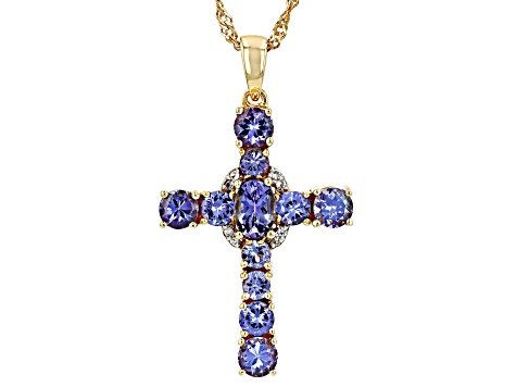 Blue Tanzanite With White Zircon 18k Yellow Gold Over Sterling Silver Pendant With Chain 2.02ctw