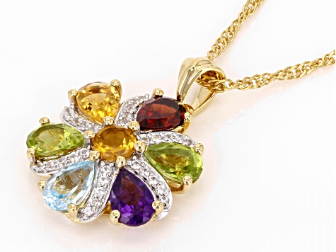 Multi-Gemstone With White Zircon 18k Yellow Gold Over Sterling Silver Pendant With Chain 2.74ctw