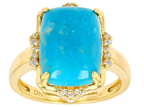 Blue Kingman Turquoise With White Zircon 18k Yellow Gold Over Sterling Silver Ring 0.11ctw