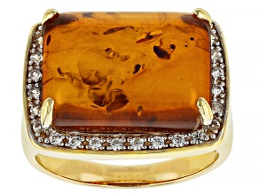 Amber With White Zircon 18k Yellow Gold Over Sterling Silver Ring 0.24ctw