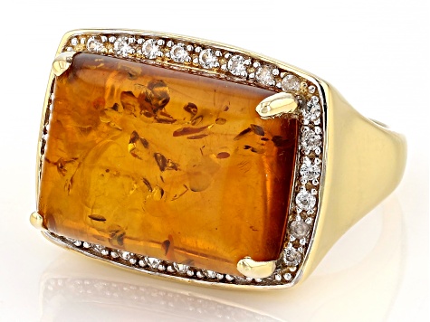 Amber With White Zircon 18k Yellow Gold Over Sterling Silver Ring 0.24ctw