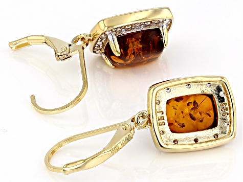 Amber With White Zircon 18k Yellow Gold Over Sterling Silver Earrings 0.17ctw