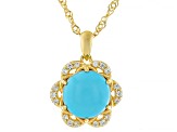 Blue Sleeping Beauty Turquoise & White Zircon 18k Yellow Gold Over Silver Pendant with Chain 0.15ctw