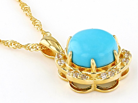 Blue Sleeping Beauty Turquoise & White Zircon 18k Yellow Gold Over Silver Pendant with Chain 0.15ctw