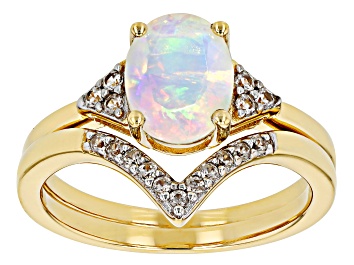 Picture of Ethiopian Opal With White Zircon 18k Yellow Gold Over Sterling Silver Ring Set Of Two 1.27ctw