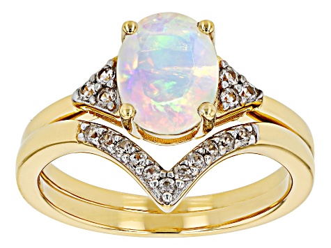 Ethiopian Opal With White Zircon 18k Yellow Gold Over Sterling Silver Ring Set Of Two 1.27ctw