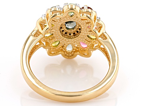 Multi Color Tourmaline With White Diamond 18k Yellow Gold Over Sterling Silver Ring 1.77ctw