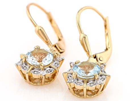 Aquamarine With White Diamond 18k Yellow Gold Over Sterling Silver Earrings 1.32ctw