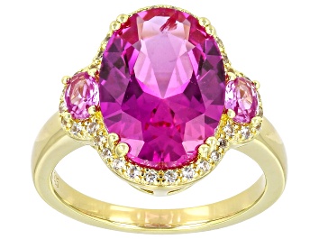 Picture of Pink Lab Sapphire With White Lab Sapphire 18k Yellow Gold Over Sterling Silver Ring 9.69ctw