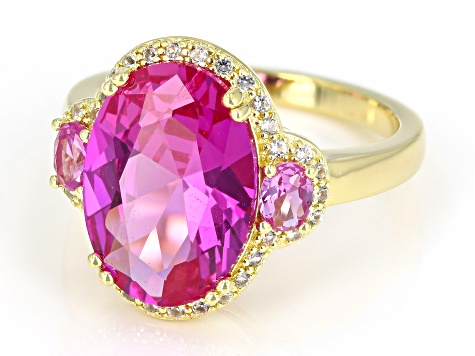 Pink Lab Sapphire With White Lab Sapphire 18k Yellow Gold Over Sterling Silver Ring 9.69ctw
