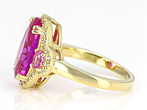 Pink Lab Sapphire With White Lab Sapphire 18k Yellow Gold Over Sterling Silver Ring 9.69ctw