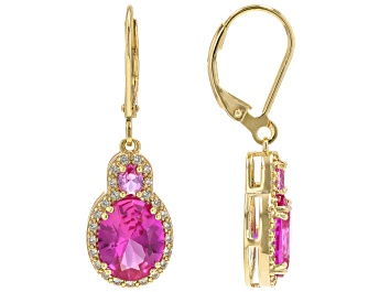 Picture of Pink Lab Sapphire With White Lab Sapphire 18k Yellow Gold Over Sterling Silver Earrings 6.11ctw