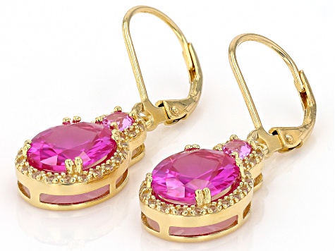 Pink Lab Sapphire With White Lab Sapphire 18k Yellow Gold Over Sterling Silver Earrings 6.11ctw