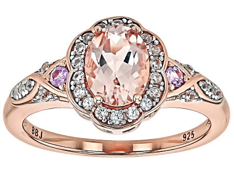 Peach Morganite With Pink Sapphire & White Zircon 18k Rose Gold Over Sterling Silver Ring 1.08ctw