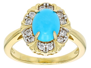 Picture of Blue Sleeping Beauty Turquoise With White Zircon 18k Yellow Gold Over Sterling Silver Ring