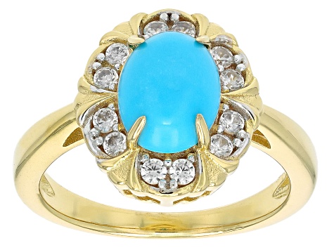 Blue Sleeping Beauty Turquoise With White Zircon 18k Yellow Gold Over Sterling Silver Ring
