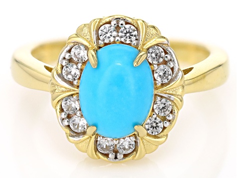 Blue Sleeping Beauty Turquoise With White Zircon 18k Yellow Gold Over Sterling Silver Ring