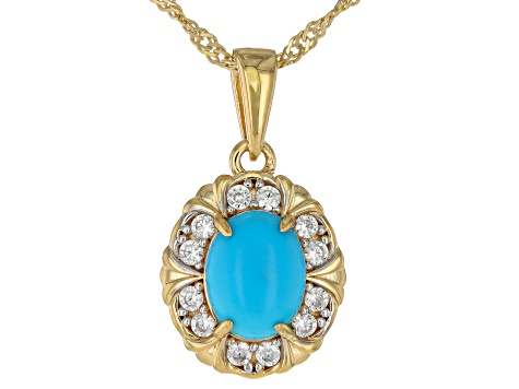 Sleeping Beauty Turquoise & Zircon 18k Yellow Gold Over Sterling Silver Pendant With Chain 0.36ctw