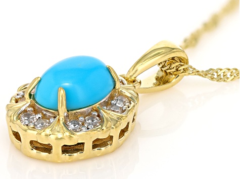 Sleeping Beauty Turquoise & Zircon 18k Yellow Gold Over Sterling Silver Pendant With Chain 0.36ctw