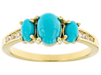 Picture of Blue Sleeping Beauty Turquoise With White Zircon 18k Yellow Gold Over Sterling Silver Ring 0.43ctw