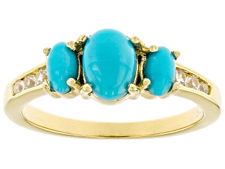 Blue Sleeping Beauty Turquoise With White Zircon 18k Yellow Gold Over Sterling Silver Ring 0.43ctw