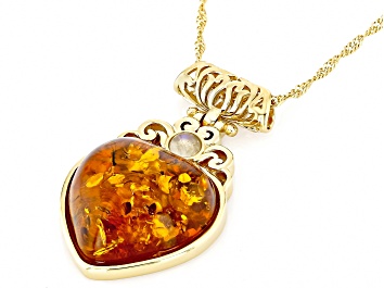 Picture of Amber With Rainbow Moonstone 18k Yellow Gold Over Sterling Silver Pendant With Chain