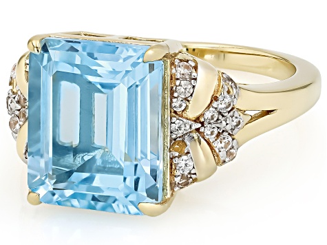 Sky Blue Topaz With White Zircon 18k Yellow Gold Over Sterling Silver Ring 6.59ctw