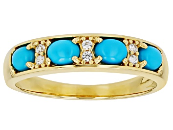 Picture of Sleeping Beauty Turquoise With White Zircon 18k Yellow Gold Over Sterling Silver Ring 0.05ctw
