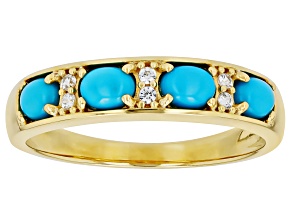 Sleeping Beauty Turquoise With White Zircon 18k Yellow Gold Over Sterling Silver Ring 0.05ctw