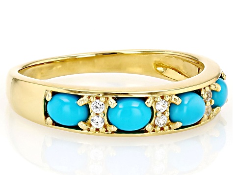 Sleeping Beauty Turquoise With White Zircon 18k Yellow Gold Over Sterling Silver Ring 0.05ctw