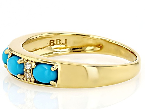 Sleeping Beauty Turquoise With White Zircon 18k Yellow Gold Over Sterling Silver Ring 0.05ctw