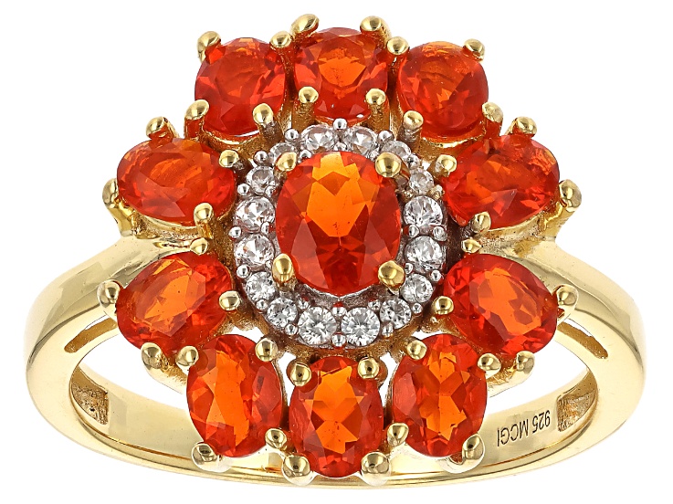 Fire Opal With White Zircon 18k Yellow Gold Over Sterling
