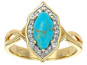 Kingman Turquoise With White Zircon 18k Yellow Gold Over Sterling Silver Ring 0.16ctw