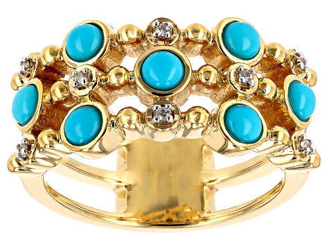 Sleeping Beauty Turquoise With White Zircon 18k Yellow Gold Over Sterling Silver Ring 0.05ctw