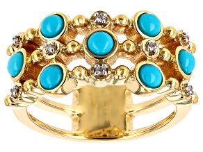 Sleeping Beauty Turquoise With White Zircon 18k Yellow Gold Over Sterling Silver Ring 0.05ctw