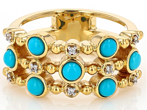 Sleeping Beauty Turquoise With White Zircon 18k Yellow Gold Over Sterling Silver Ring 0.05ctw